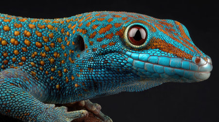 A close-up view showcases a colorful lizard with intricate patterns in shades of blue and orange. The image presents the reptile against a dark background, highlighting its textured skin and detailed features. Ideal for illustrating wildlife or biology, the image is suitable for various editorial and commercial applications.の素材