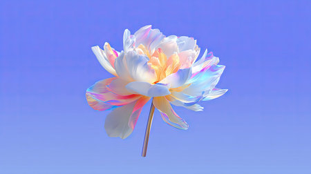 A detailed image showcases a radiant flower with multi-colored petals set against a soft, sky-blue backdrop. The photograph highlights soft textures, and gentle lighting. This versatile image could be utilized in design projects or for various visual media applications needing a touch of natural beauty.の素材