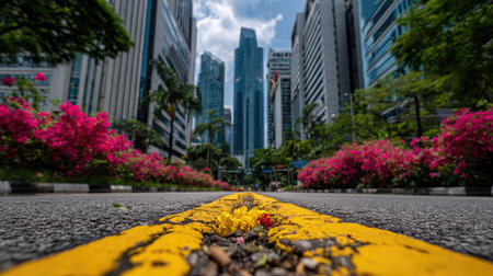 An urban scene showcases a city street with tall buildings on either side. The foreground features yellow road markings, guiding the eye toward the distant structures. Lush greenery and vibrant pink flowers add bursts of color to the architectural setting, with natural light enhancing the overall composition. This image suits various commercial uses, including advertising and editorial projects.の素材