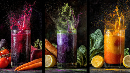 Three glasses showcase colorful juice splashes, each featuring a unique hue and texture. The images highlight beverages surrounded by fresh produce such as tomatoes, carrots, spinach, and lemons. The composition is set against a dark background, suggesting possible commercial applications or editorial uses.の素材