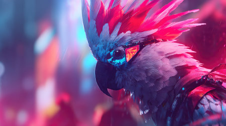 A close-up digital artwork presents a parrot with striking red and blue plumage. The stylized illustration features detailed feathers and a sharp beak, rendered in a futuristic style. The composition suggests a studio setting, with bright neon lighting effects creating an attractive design suitable for commercial applications.の素材