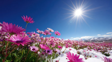 An eye-level shot captures a field of pink and white flowers blooming under a radiant sun against a deep blue sky. The composition emphasizes the natural beauty with a focus on vibrant colors and textures. It has a bright and cheerful atmosphere suitable for various visual communication projects.の素材