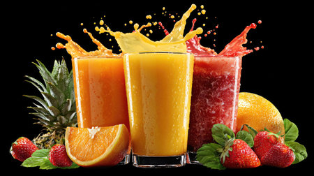 An assortment of colorful fruit juice splashes are presented in transparent glasses against a dark backdrop. The scene includes various fruits, and the beverages burst upwards. The vibrant liquids and ingredients suggest freshness, suitable for promotional material. This visual may be used in contexts related to nutrition or healthy living.の素材