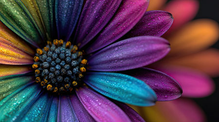 A close-up photograph showcases a daisy with an array of colorful petals. The image highlights the texture and form of the flower, while a dark background provides contrast. This visually striking image could be suitable for various commercial applications, including design or decorative projects.の素材