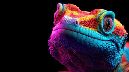 A striking close-up showcases a gecko with vivid, multicolored scales. The image uses dramatic lighting to highlight the textures and details of the reptile's skin. The composition suggests a studio setting, perfect for various creative projects and design applications, offering a bold visual statement.の素材