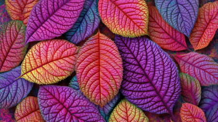 A close-up view displays a pattern of overlapping leaves, showcasing a range of bright hues. The leaves exhibit detailed textures and veins, highlighted by a play of light. This visual is suitable for various design projects, including digital art, print materials, and editorial illustrations, creating a colorful and engaging aesthetic.の素材