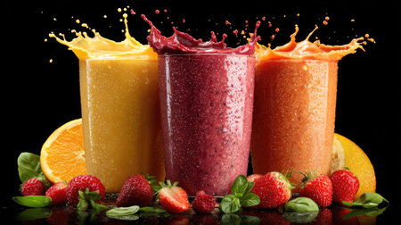 Three colorful smoothies are showcased, each with a unique hue of yellow, purple, and orange. The image emphasizes the splash and texture of the drinks, set against a dark backdrop. Fresh fruit garnishes the base. The composition, featuring bright colors and dynamic movement, would be suitable for various advertising and editorial projects.の素材