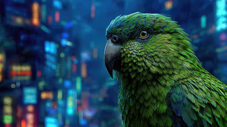 A striking close-up showcases a vivid green parrot against a backdrop of blurred, colorful lights. The digitally rendered image highlights the bird's detailed plumage and sharp gaze. The composition, with its shallow depth of field, is suitable for various commercial applications and creative projects. The artistic style incorporates bright illumination.の素材