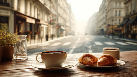 A cup of coffee and two croissants rest on a wooden table in this image. The scene has a shallow depth of field, showcasing the coffee and food while blurring the background city. The overall composition offers a sense of morning in an urban environment. This image could be used for food, lifestyle, or travel-related purposes.の素材