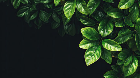 This image features lush green leaves with a glossy texture, arranged against a deep black background. The composition highlights the natural shapes and vivid colors of the foliage, with strong lighting emphasizing the textures. Ideal for use in design projects, it is suitable for various commercial applications and offers ample copy space.の素材