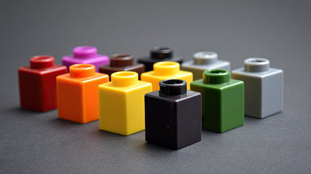 A collection of colorful blocks is displayed against a plain gray backdrop. The plastic objects feature a variety of vibrant hues, presented in a studio style arrangement. These elements could be used for illustrations, educational purposes, or visual marketing materials.の素材