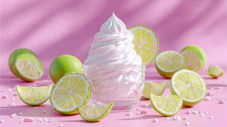 A close-up captures a swirl of white cream dessert surrounded by halved and sliced limes. The scene is set against a soft pink background with subtle shadows, creating a bright and clean aesthetic. The composition emphasizes freshness and simplicity, ideal for commercial projects related to food or lifestyle.の素材