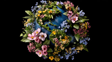 An artistic representation features the Earth crafted from vibrant flowers and foliage. The composition showcases a colorful array of blossoms, with various textures and hues against a dark backdrop. The illustration suggests themes of environmental consciousness and could be used for promoting eco-friendly initiatives and related topics.の素材