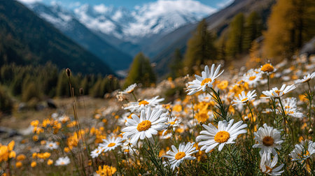 A field of daisies in full bloom dominates the foreground, with crisp white petals and yellow centers. The scene reveals a blurred mountain range in the background, showcasing a picturesque landscape. The lighting is natural, suggesting daytime, which is suitable for various commercial uses.の素材