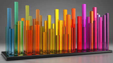 A vibrant 3D bar graph features a spectrum of colors indicating data visualization. The composition uses a low angle, emphasizing the bars against a dark base. Its glossy texture and lighting suggest a digitally rendered scene. The image is suitable for illustrating business statistics and presentations.の素材
