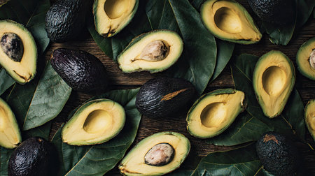 An overhead shot presents fresh avocado halves and whole fruits. The avocados display green flesh and dark skin, arranged with green leaves on a rustic wooden surface. The composition suggests a natural, organic theme, potentially suitable for culinary or health-related projects. The warm lighting enhances the appealing visual presentation.の素材