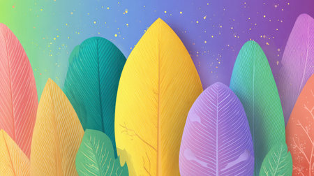 This image presents an abstract illustration featuring stylized feathers in a variety of vibrant colors. The composition utilizes a gradient background and soft lighting, creating a visually appealing effect. The artwork showcases detailed textures and a clean, modern aesthetic. Suitable for various applications, including design projects and decorative purposes.の素材