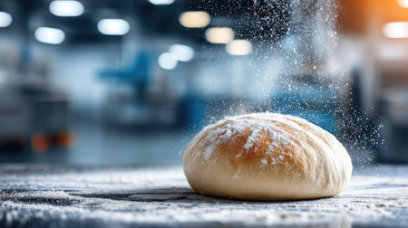 A loaf of bread sits on a flour-dusted surface as flour particles fall around it. The golden-brown bread contrasts with the white flour. The scene takes place in a large, unfocused environment that is likely inside a commercial kitchen or bakery, suggesting culinary processes. This image could be suitable for food-related advertising and editorial content.の素材
