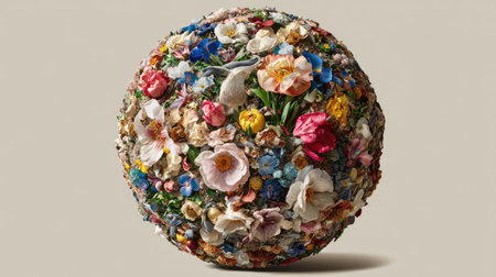 This image showcases a vibrant floral sphere comprised of various flower types and colors. The composition displays a rich diversity of textures under soft lighting. The neutral background emphasizes the intricate details. Suitable for use in design projects, advertising campaigns, and visual storytelling.の素材