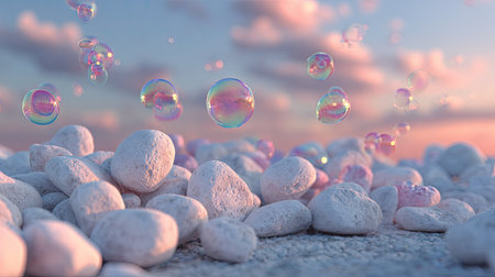 Numerous iridescent bubbles float above a field of white stones. The composition features a blurred pink and blue sky in the background, suggesting a daytime or sunset setting. The bubbles reflect the colors of the sky. This image is suitable for various commercial uses, including advertising and editorial content.の素材