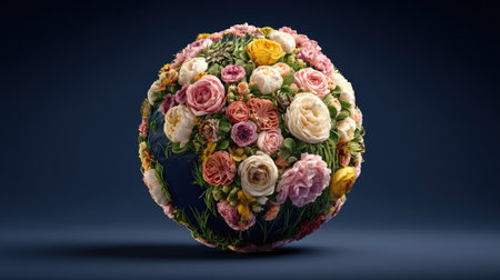 An illustration features a floral globe, composed of colorful flowers and blossoms, set against a dark background. The image uses a high angle to display the details of the globe. This design is suitable for use in educational resources, environmental awareness campaigns, or decorative purposes. The image is clean and well-lit.の素材