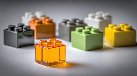 This image showcases an assortment of colorful building blocks arranged against a bright white backdrop. The shot features a shallow depth of field, highlighting the vibrant colors and detailed textures of the plastic components. Suitable for illustrating concepts of construction, design, and education, the image is well-suited for diverse commercial purposes.の素材