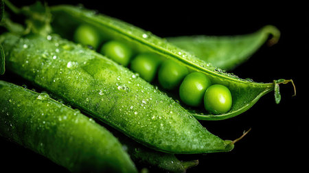 This macro photograph showcases fresh green pea pods, with some open to reveal the vibrant peas within. Water droplets cling to the pods, enhancing their freshness. The dark background emphasizes the vivid green hue. Suitable for food related content, and editorial usage.の素材