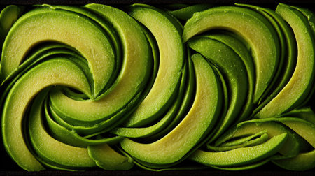 This image presents an abstract arrangement of fresh, sliced avocados, showcasing a spectrum of green hues. The composition features a repeating pattern with curved, overlapping forms, creating a textured visual effect. The lighting suggests an indoor setting, and the image may be suitable for illustrating healthy eating or culinary themes.の素材