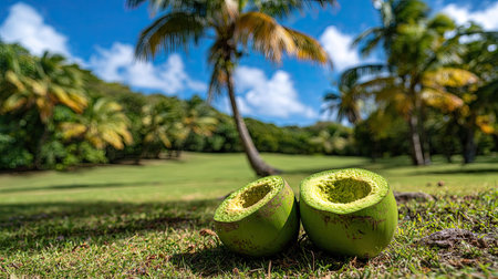 Two avocado halves rest on a grassy surface, captured in close-up. The scene is illuminated by bright daylight, highlighting the vibrant green of the fruit and the surrounding vegetation. The image features a shallow depth of field, with a backdrop of palm trees and a blue sky, suggesting an outdoor environment. Suitable for commercial and editorial purposes.の素材