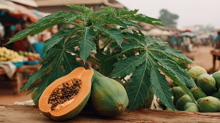 This image showcases a papaya fruit cut open to reveal its seeds, alongside whole fruits and green leaves. The composition features a natural, organic style with warm lighting. The background depicts a market setting with blurred elements. It could be useful for illustrating food, health, or agricultural concepts.の素材