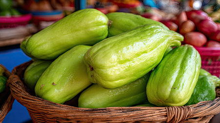 A close-up view displays a pile of fresh chayote squash in a woven basket. The vegetables have a vibrant green color, with smooth textures. The lighting highlights the natural shapes of the produce, suggesting a market setting. This image is suitable for various commercial uses, including food-related content.の素材