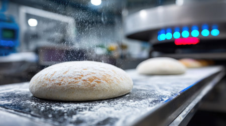 This image showcases the preparation of dough in a commercial kitchen setting. The scene features light-colored dough sprinkled with flour. A shallow depth of field is used. It would be suitable for culinary publications, food-related websites, and advertising materials.の素材