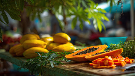 A close-up view displays ripe papaya fruit, halved to reveal its seeds and flesh. Bright orange tones contrast with the wooden surface and surrounding green foliage. The scene suggests a market setting with blurred elements, potentially useful for culinary projects or editorial features about fresh produce.の素材