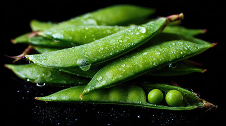 This image showcases a collection of vibrant green pea pods, some with visible water droplets, arranged against a dark backdrop. The composition highlights the textures and colors of the pods, with a focus on their natural form. The arrangement suggests a close-up shot, potentially suitable for culinary, health, or agricultural content.の素材