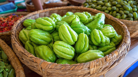 A close-up view displays several green chayote squash in a woven basket. The vegetables have a ribbed texture and vibrant green color. The composition focuses on the basket and its contents, lit with natural light. Suitable for illustrating agricultural themes or food-related content.の素材
