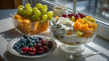 An assortment of fresh fruits is arranged in glass bowls and on a plate. The composition displays grapes, cherries, and oranges, presented with cream. The scene is illuminated by natural light, hinting at an indoor setting. This image could be suitable for health, wellness, and culinary publications.の素材
