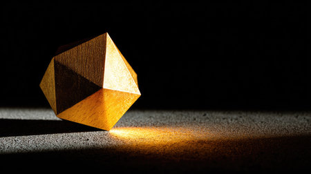 A close-up shot showcases a geometric wooden object bathed in directional light. The form has multiple sides and sharp angles, exhibiting a textured surface. The scene features strong contrast with shadows and a dark background, highlighting the object's form. This image could be suitable for various commercial or artistic applications.の素材