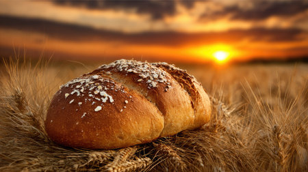 A close-up view displays a loaf of bread resting on wheat stalks. The bread has a golden-brown crust with sprinkled grains. Warm tones of orange and brown dominate the scene, suggesting a sunset. This image could be used for food-related projects, agricultural themes, or general visual content.の素材