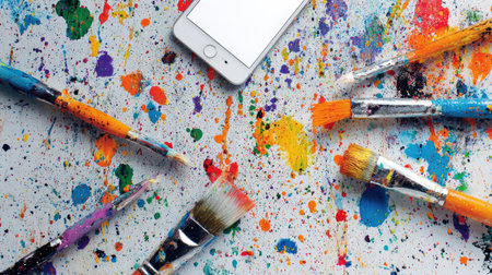 An overhead view displays paintbrushes and a smartphone resting atop a surface splattered with vibrant paint. The scene exhibits a mixed media aesthetic with a variety of colors. The style suggests a creative process within a studio or workshop setting. Suitable for projects related to design, art, or technology.の素材