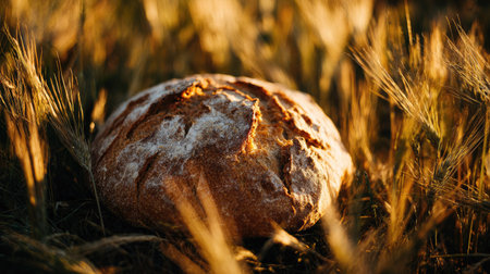 A rustic loaf of bread rests within a field of golden wheat, bathed in warm sunlight. The image showcases textures and colors, from the crusty bread to the stalks. Suitable for illustrating themes of agriculture, healthy eating, and natural products, the composition may be used for various commercial purposes.の素材