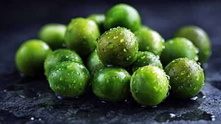 This image showcases a pile of vibrant green limes, each displaying droplets of water. The fruits are arranged on a dark, textured surface creating a contrast in tones. The composition is close-up, highlighting the texture and color. Suitable for use in food-related publications, recipe illustrations, or commercial advertising materials.の素材