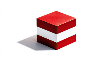 A three-dimensional red and white cube is isolated against a clean white backdrop. The cube features a glossy texture and strong directional lighting that casts a defined shadow. Suitable for abstract concepts, this image is ideal for use in design, marketing, and advertising materials.の素材