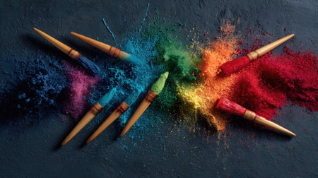 Paintbrushes are arranged amidst vibrant, scattered pigment powders of various colors. The image displays a close-up shot, showcasing a range of bright hues. It is shot under soft lighting, creating a textural effect. Suitable for design, artistic or creative projects, and marketing materials.の素材