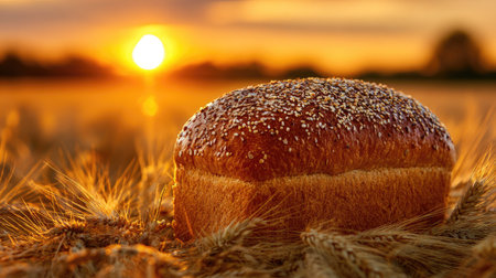 A close-up captures a loaf of bread, golden and textured, placed amidst a field of wheat. The warm, inviting light of a setting sun bathes the scene. This image could be used for advertising baked goods or illustrating agricultural concepts. Its composition and colors lend themselves to various editorial purposes.の素材