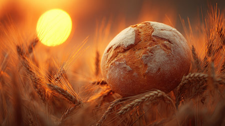 A round loaf of bread rests amid stalks of wheat, bathed in warm sunlight. The image showcases a vibrant sunset, highlighting the textures of the bread and grain. The scene evokes a sense of harvest and abundance, potentially suitable for advertising or editorial content related to food production.の素材