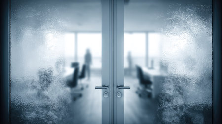 The image features a pair of frosted glass doors, partially obscuring a modern office interior. Soft blue and white tones dominate the scene, with blurred figures visible in the background. The lighting suggests an indoor setting. This image could be suitable for business, advertising, or conceptual projects.の素材