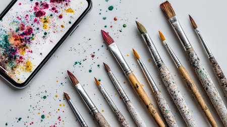 An assortment of paintbrushes rests beside a smartphone screen displaying colorful paint splatters. The composition features various brush sizes and hues against a bright white backdrop. The overhead lighting creates soft shadows. This image could be suitable for art-related content or design projects.の素材