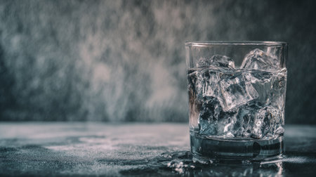 A glass filled with ice cubes rests on a dark surface, against a blurry backdrop. The image displays a cool color palette with a textured, almost rough appearance. The lighting highlights the transparency of the ice. This image may be suitable for advertisements or editorial use, focusing on freshness and refreshment.の素材