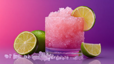 A close-up captures a refreshing pink frozen beverage with lime slices. The drink sits against a vivid gradient background. The composition features sharp focus and balanced lighting, suggestive of a studio setup. This image would be suitable for advertising, culinary, or lifestyle publications.の素材