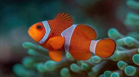 A close-up shot showcases a clownfish with bright orange coloration and white stripes. The fish swims near a soft, green and blue underwater plant. The composition utilizes natural lighting, emphasizing the colors and details. Suitable for various editorial and commercial applications related to marine life and aquatic themes.の素材